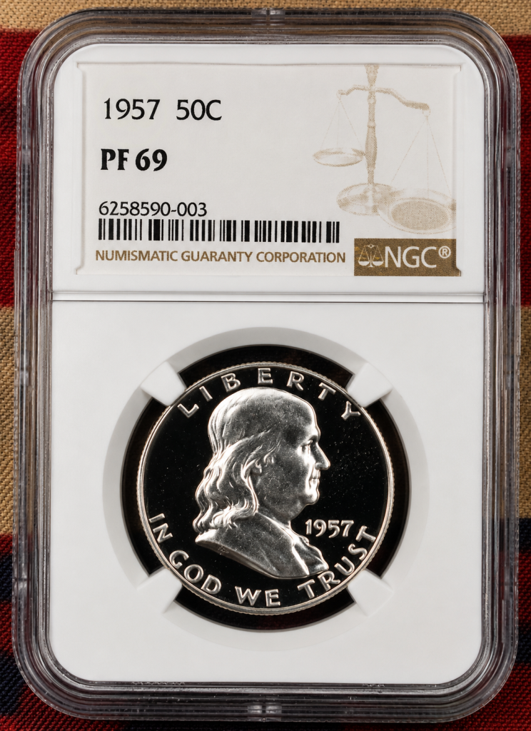 1957 Franklin Half Dollar PF69 NGC proof silver coin graded PF69 with deep mirrored fields