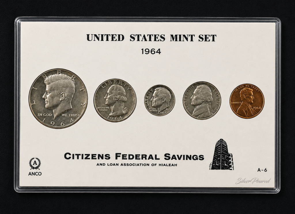 1964 United States Mint Set featuring Kennedy Half Dollar 90 percent silver first-year issue
