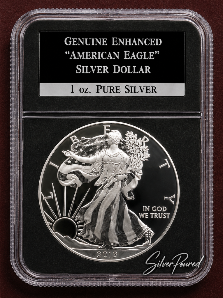2013 Enhanced American Silver Eagle obverse in genuine 1 ounce pure silver holder