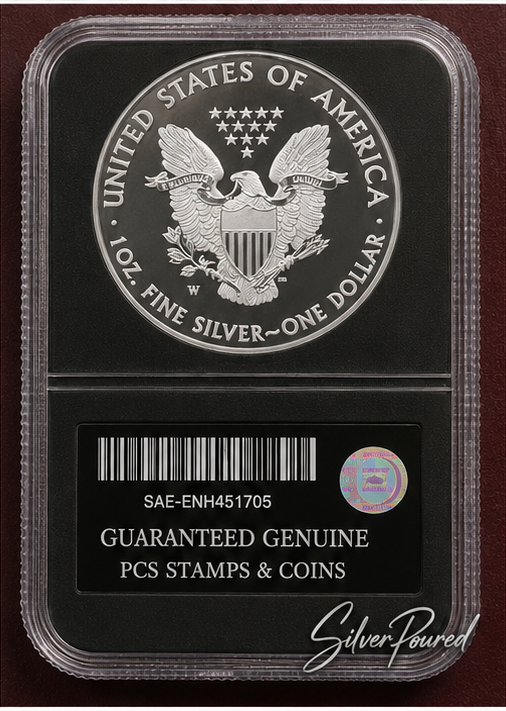 2013-W Enhanced American Silver Eagle reverse showing West Point mint mark in guaranteed genuine PCS holder