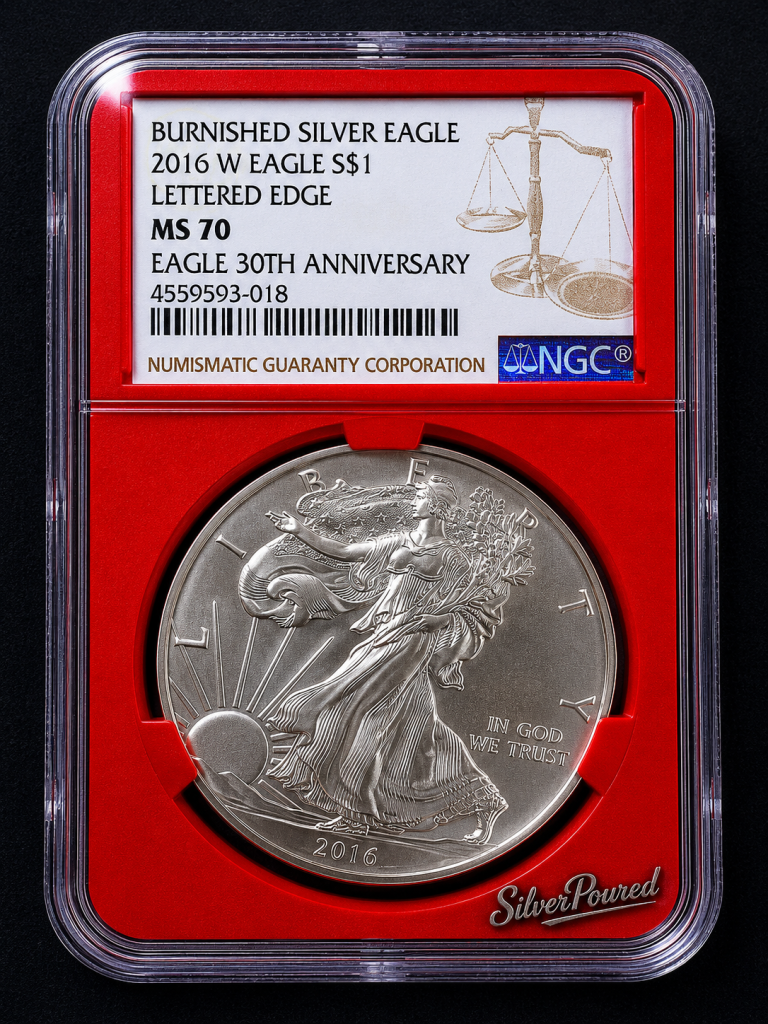 2016-W Burnished Silver Eagle NGC MS70 Lettered Edge Eagle 30th Anniversary obverse in red core holder with SilverPoured watermark
