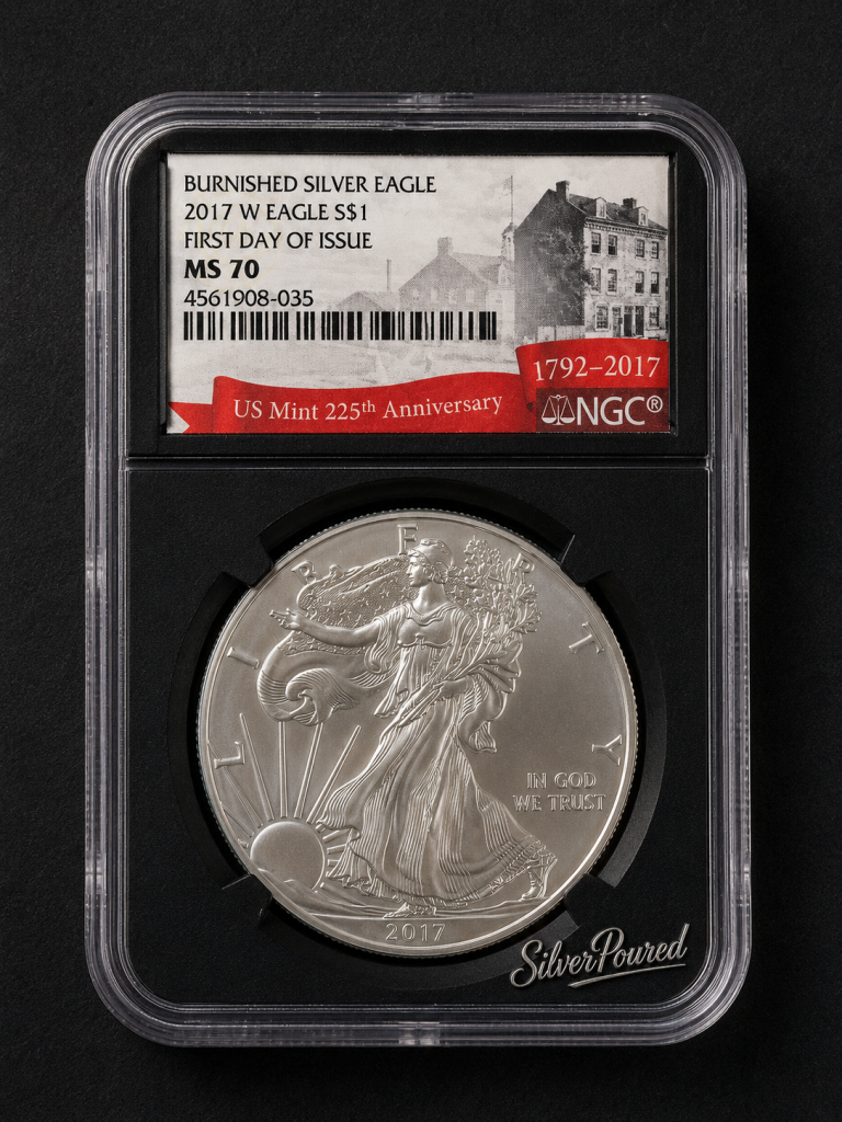 2017-W Burnished Silver Eagle NGC MS70 First Day of Issue US Mint 225th Anniversary obverse in black core holder with SilverPoured watermark
