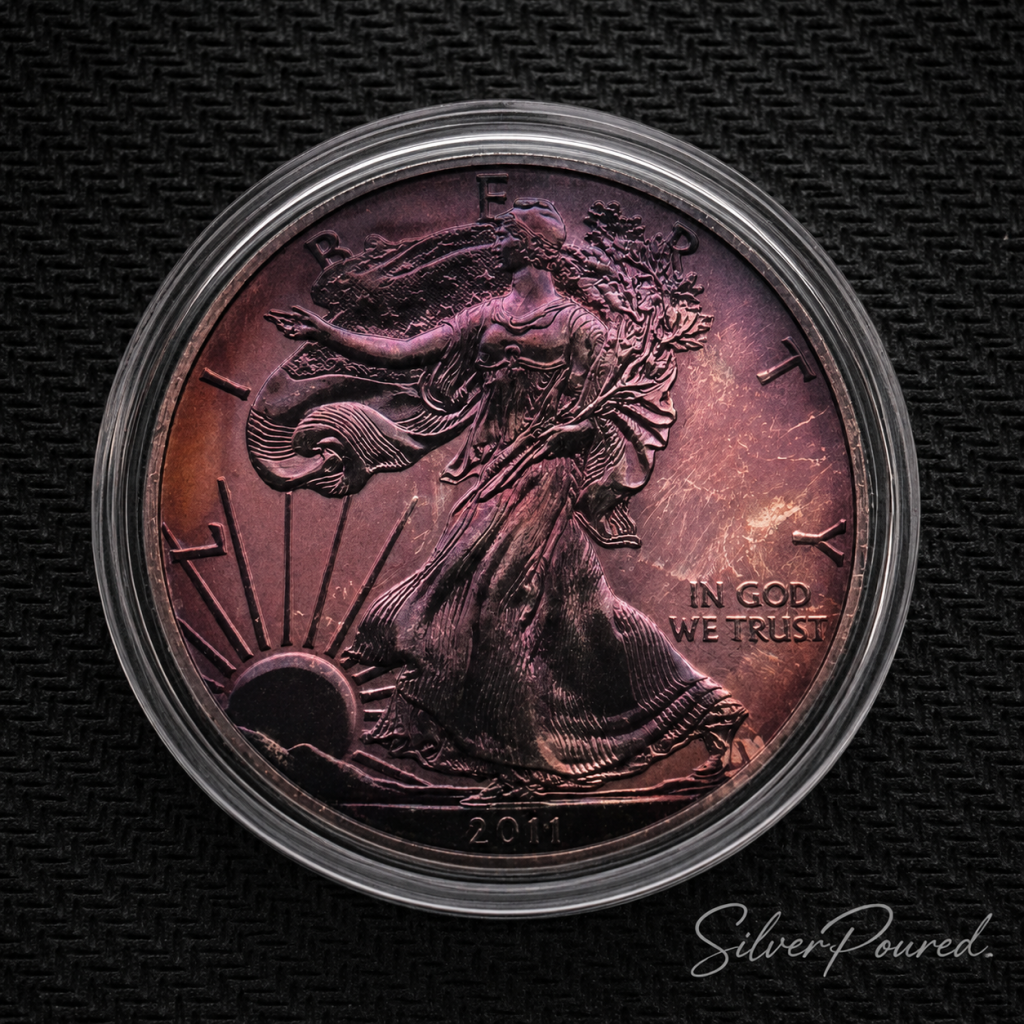 American Silver Eagle Values toned proof silver bullion coin close-up