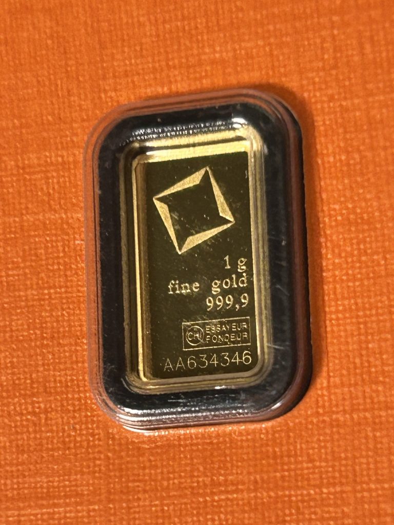 1 gram .9999 fine Essayeur Fondeur serialized gold bar in assay packaging
