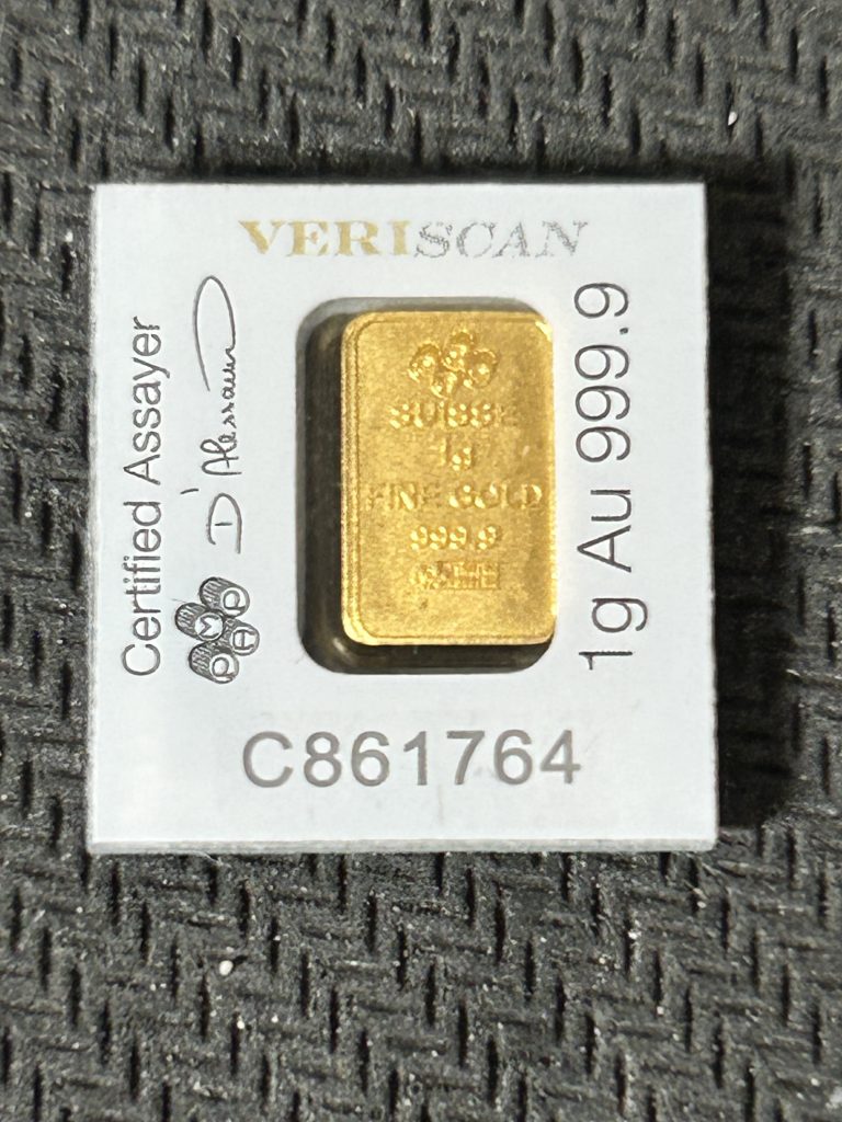 1 gram .9999 fine Valcambi serialized gold bar sealed in assay packaging