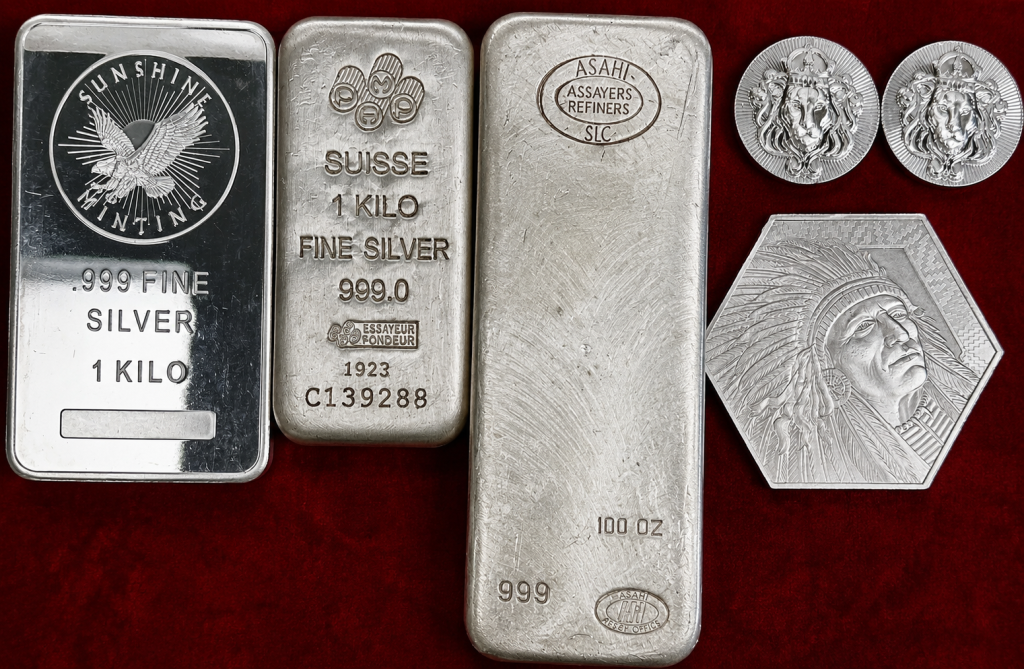 Silver melt value calculator examples showing 1 kilo silver bars, 100 oz silver bar, silver rounds, and .999 fine silver bullion
