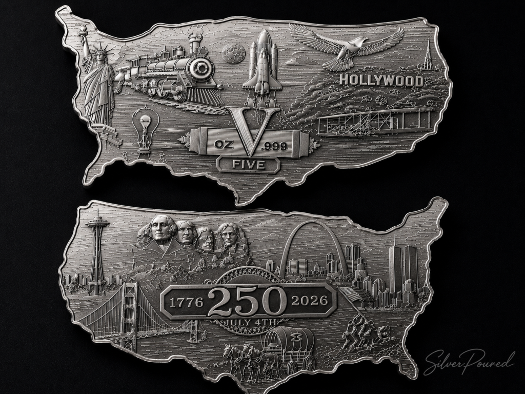 5 oz USA-shaped silver bars with detailed American landmark engravings and SilverPoured signature watermark