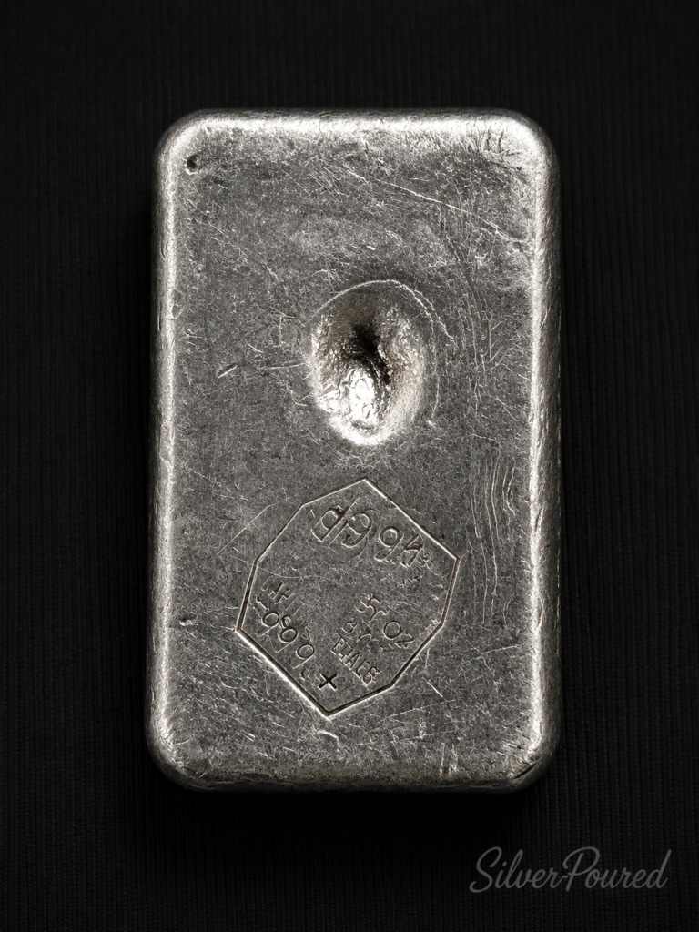 vintage 5 oz hand poured silver bar reverse showing collectible bullion craftsmanship