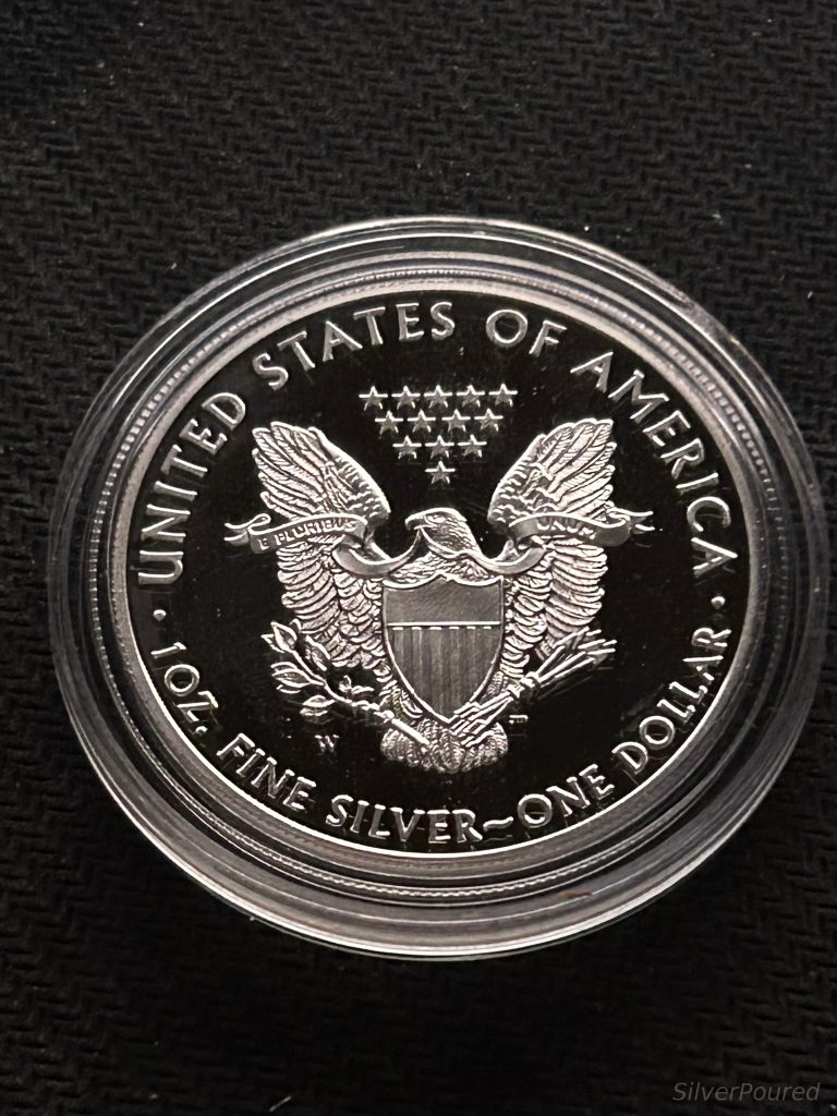 West Point American Silver Eagle reverse showing W mint mark on 1 oz .999 fine silver bullion coin