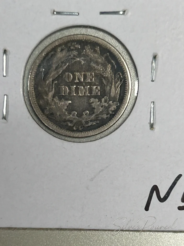 Reverse of an 1876-CC Seated Liberty Dime struck at the Carson City Mint during the Comstock Lode silver boom.