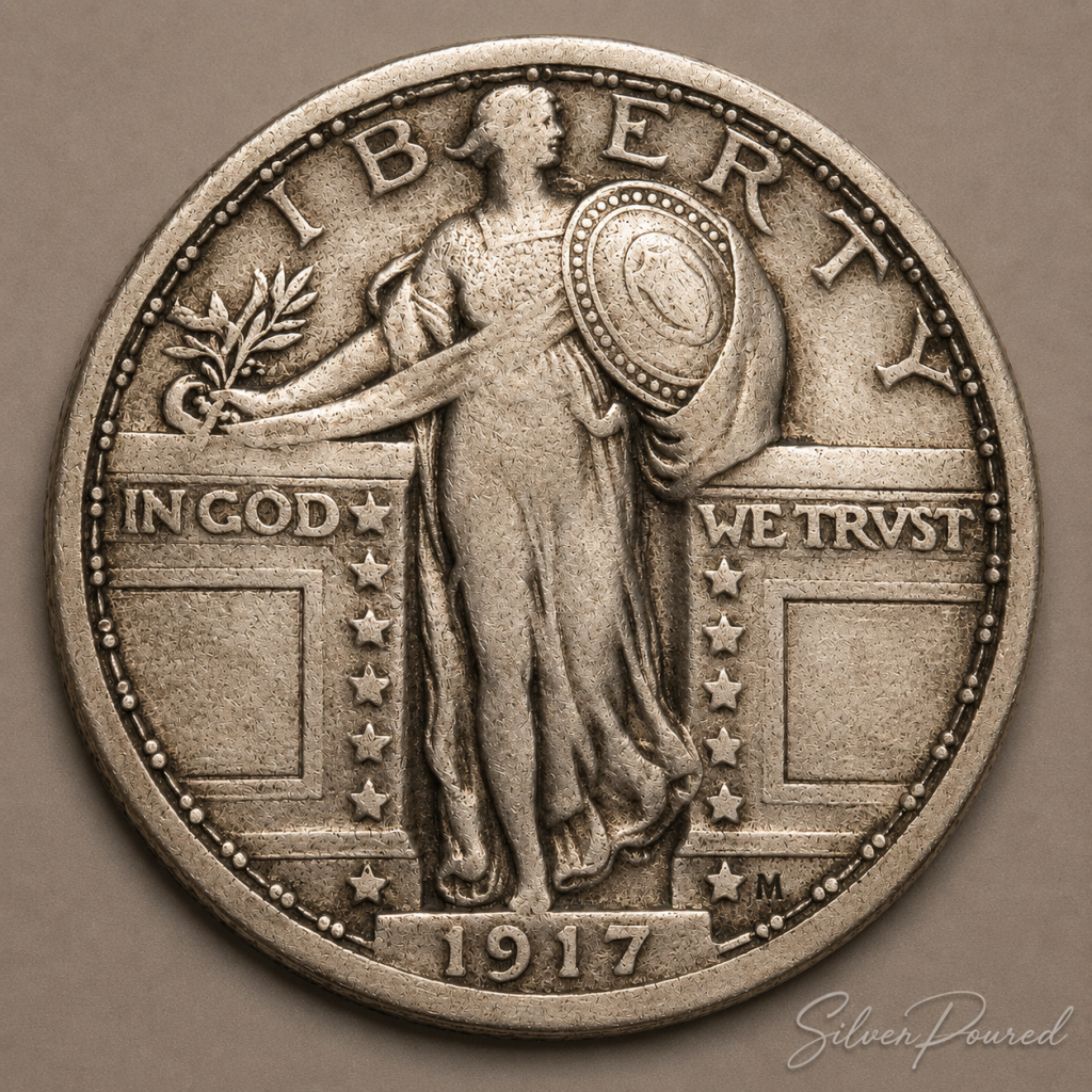 Standing Liberty Quarter obverse showing Liberty holding shield and olive branch on a 1917 silver quarter