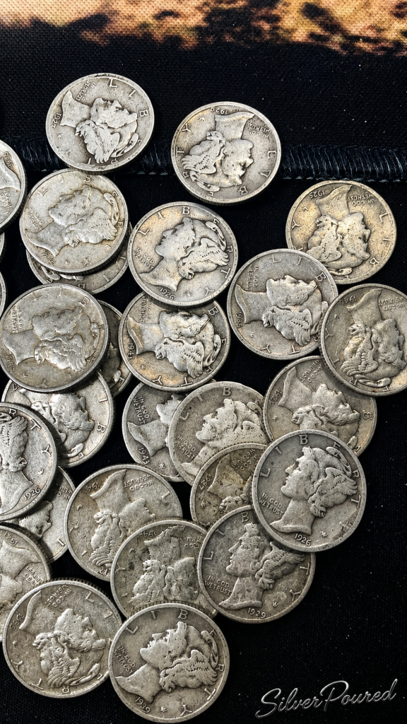 Mixed circulated 1926 through 1939 Mercury dimes used for Mercury dime silver value and junk silver research
