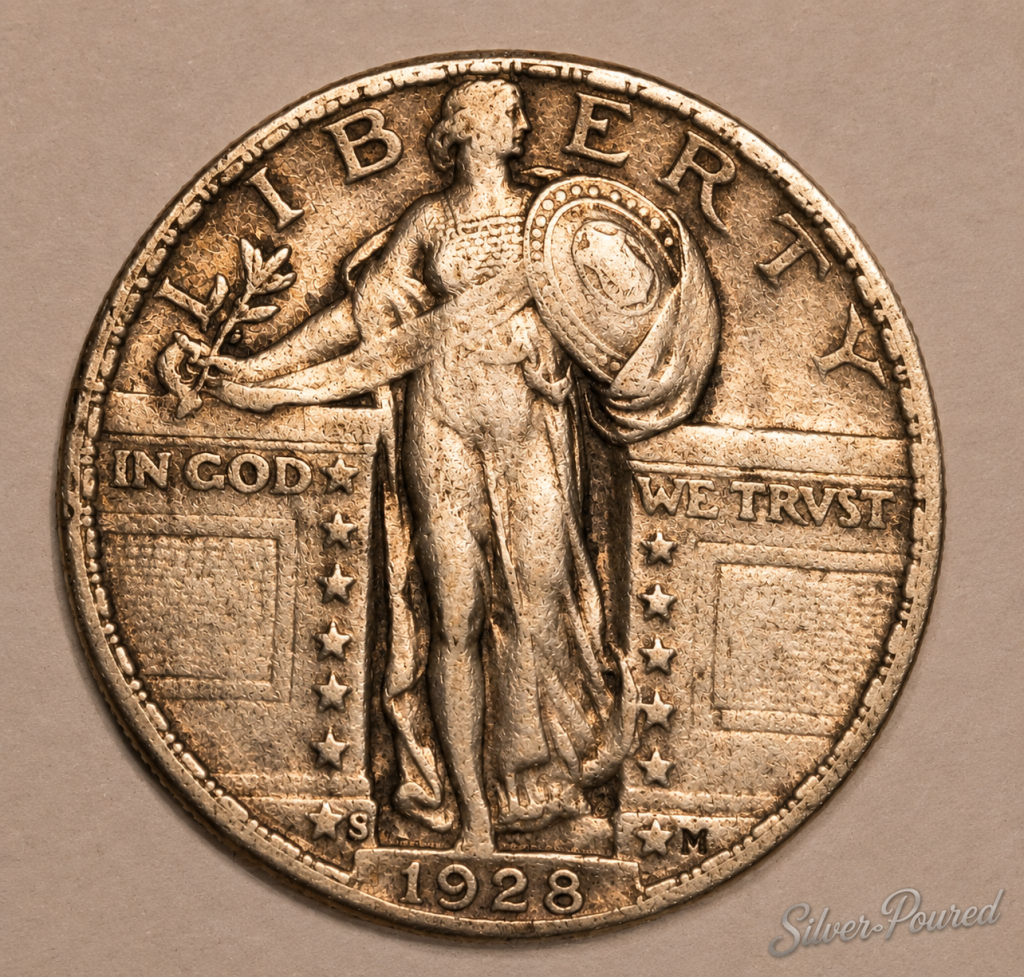 1928-S Standing Liberty Quarter 90 percent silver coin obverse with Liberty holding shield and olive branch