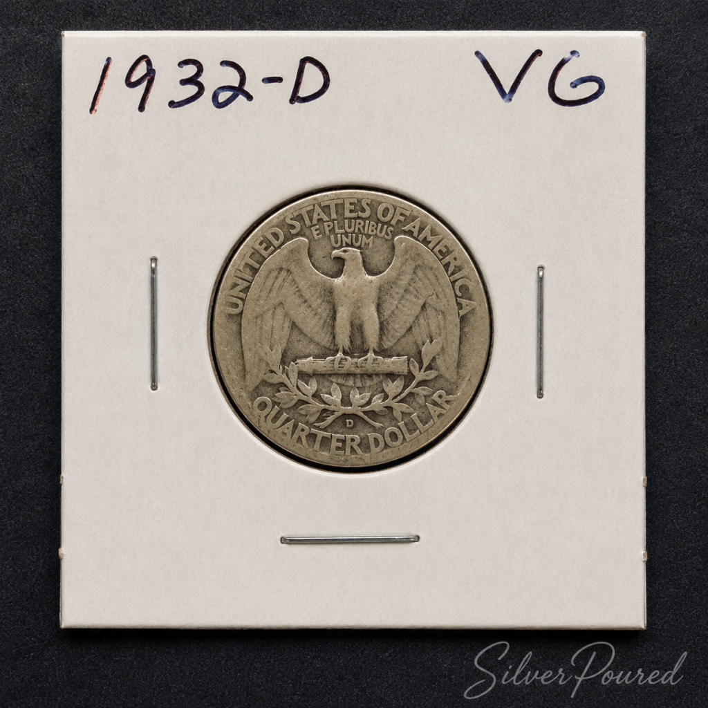 1932-D Washington quarter reverse key date 90 percent silver coin VG condition showing eagle reverse design