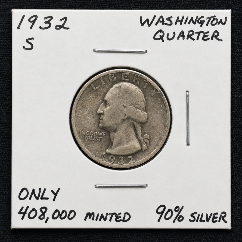1932-S Washington quarter key date 90 percent silver coin obverse with low mintage of 408000 and collector premium value