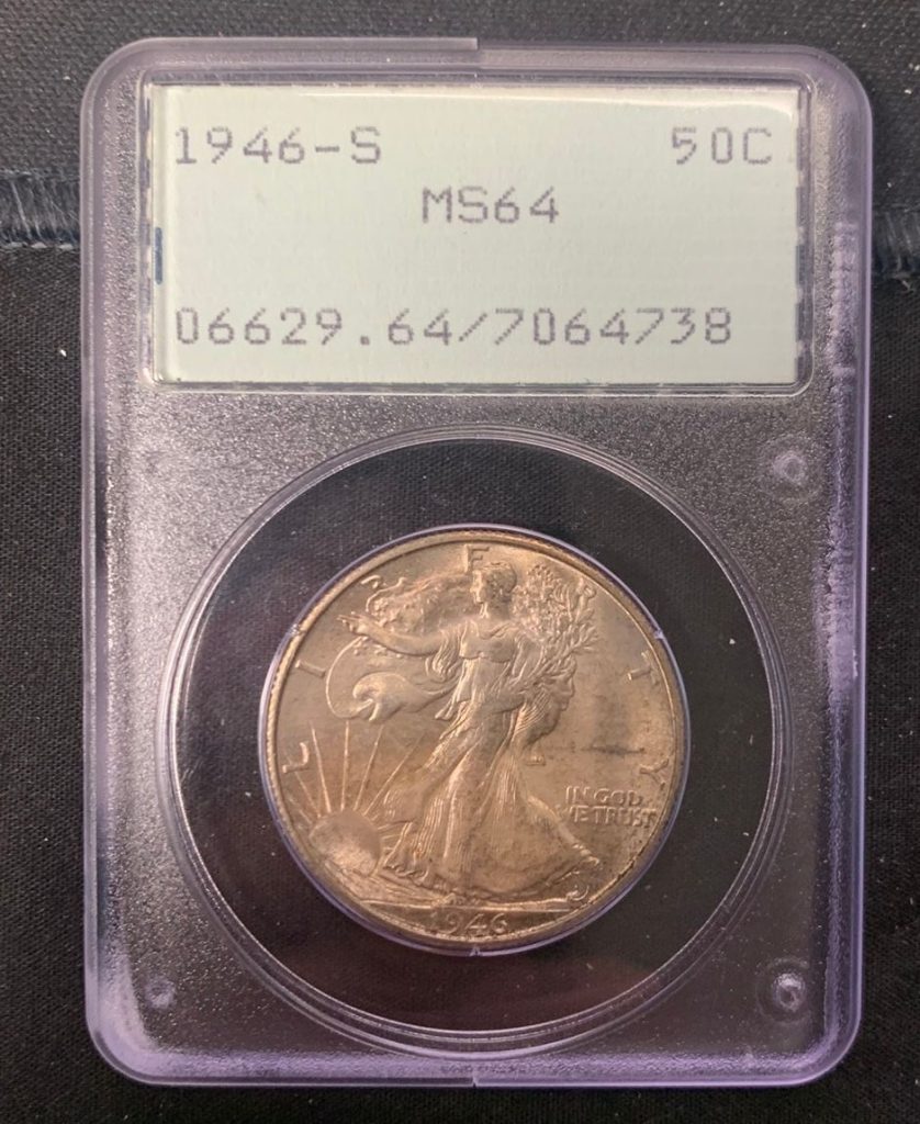 1946-S Walking Liberty half dollar PCGS MS64 certified silver coin in early rattler holder
