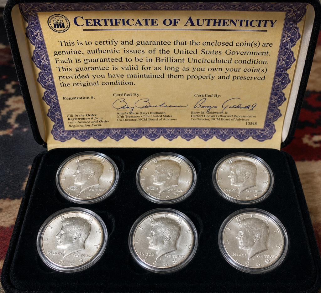 1964-1969 Kennedy Half Dollar BU set in original government packaging with certificate of authenticity