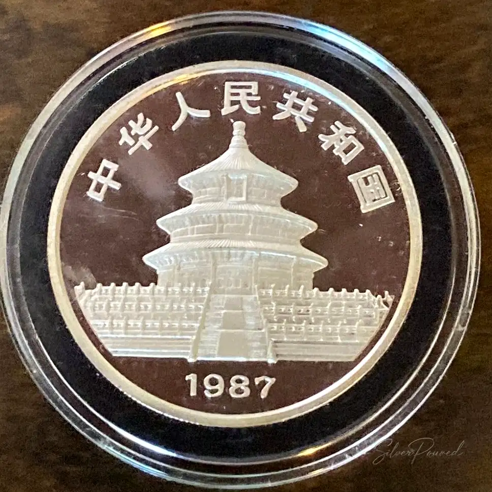 1987 one ounce Silver Panda Temple of Heaven reverse showing collectible government silver scarcity