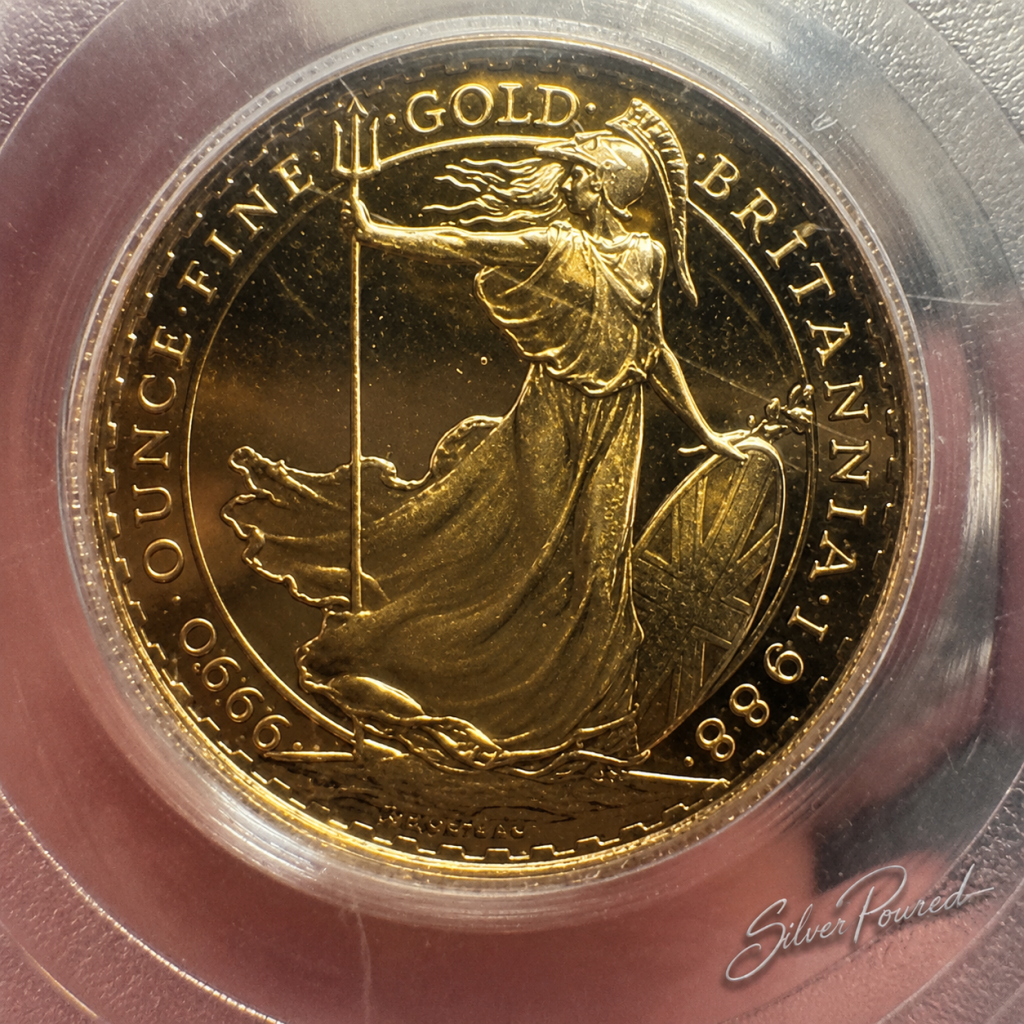 1989 Gold Britannia value reverse featuring the standing Britannia design from the first year of the series