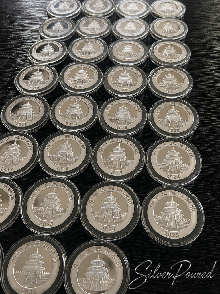 1990–2025 Chinese Silver Panda date run illustrating annual design changes and long-term Chinese Silver Panda value