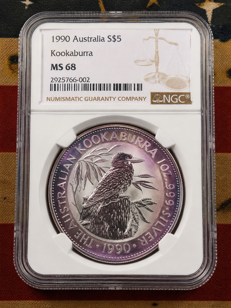 1990 Australian Silver Kookaburra NGC MS68 purple toner showing how eye appeal can influence Kookaburra value