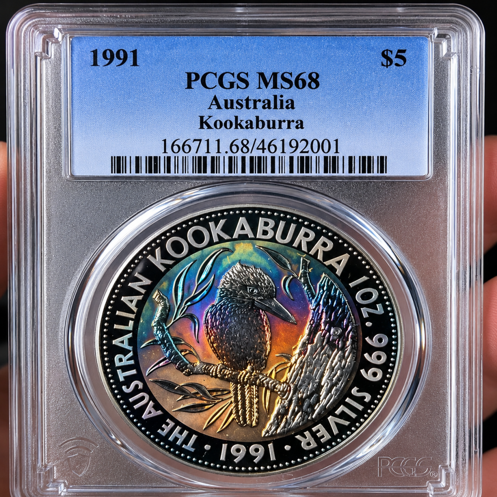1991 key date kookaburras toned PCGS MS68 Australian Kookaburra with exceptional rainbow toning