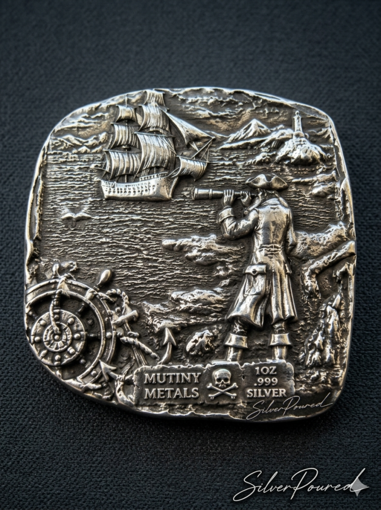 1 oz Mutiny Metals .999 fine hand-poured silver pirate bar showing collectible artisan bullion craftsmanship