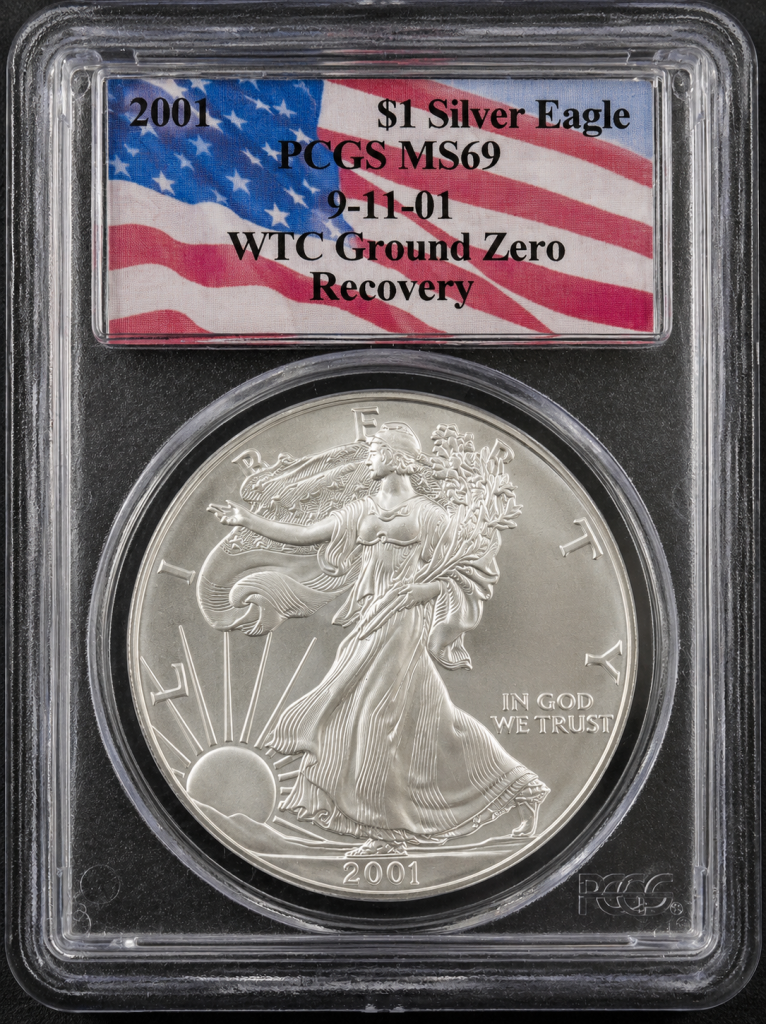 2001 American Silver Eagle PCGS MS69 WTC Ground Zero Recovery certified coin with one troy ounce of .999 fine silver