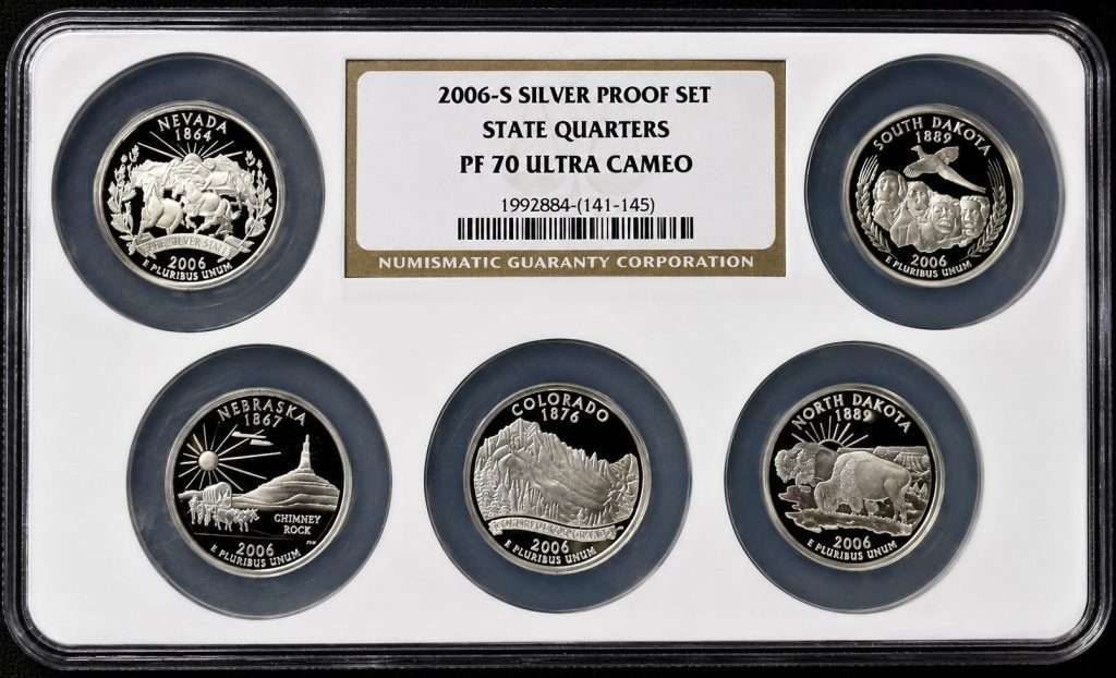 2006-S Silver State Quarters Proof Set graded NGC PF70 Ultra Cameo featuring five 90% silver proof state quarters
