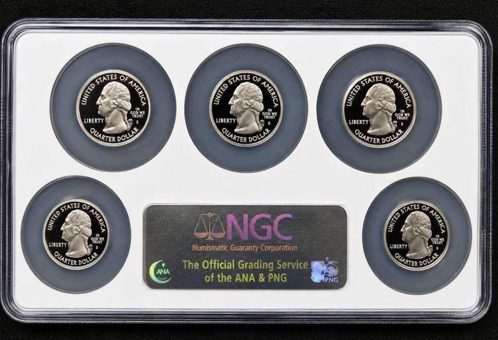 Reverse of the 2006-S Silver State Quarters Proof Set graded NGC PF70 Ultra Cameo featuring five 90% silver proof state quarters