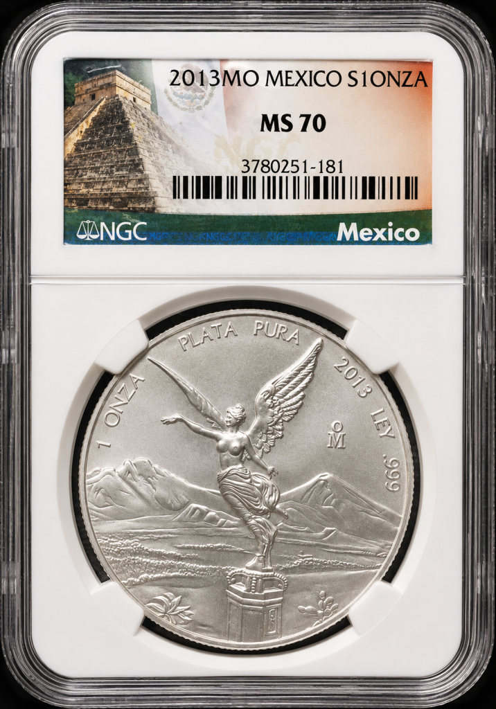 Silver spot vs bid vs ask price illustrated with a certified 2013 Mexico Libertad NGC MS70 silver bullion coin