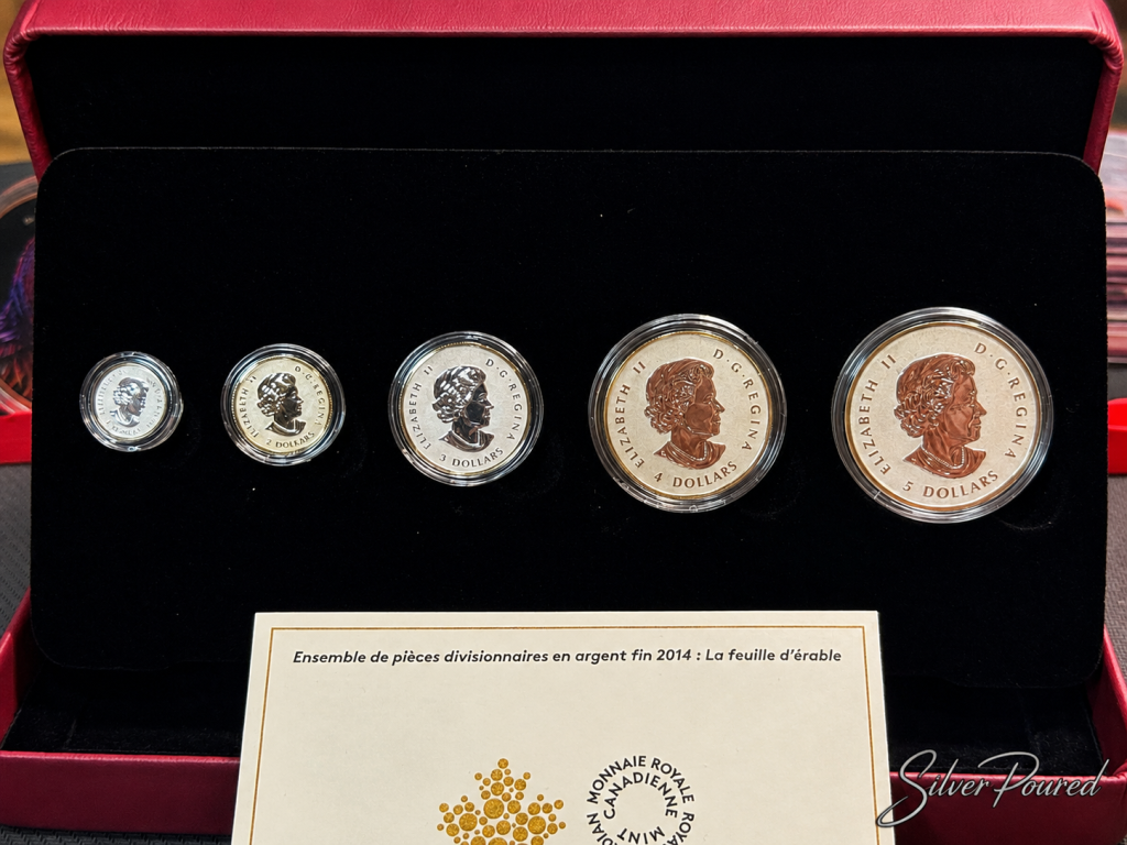 2014 Canadian Fine Silver Fractional Set Maple Leaf Queen Elizabeth II display close-up.