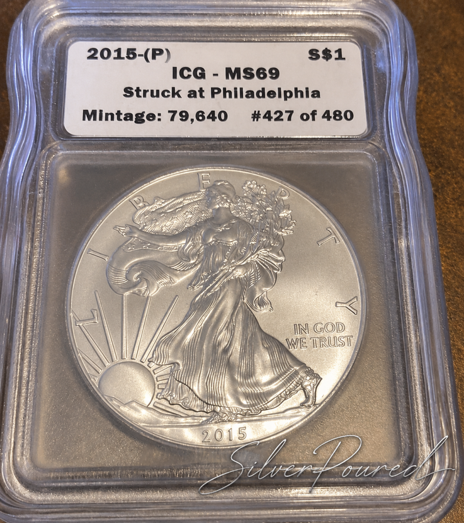 2015-(P) American Silver Eagle graded ICG MS69 struck at Philadelphia showing the obverse Walking Liberty design.