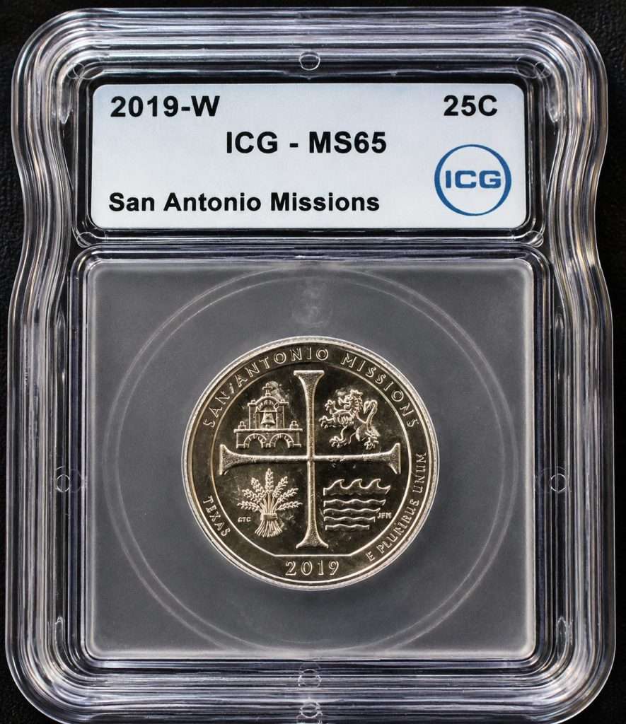 2019-W San Antonio Missions Quarter reverse graded ICG MS65 featuring the West Point W mint mark from the America the Beautiful series