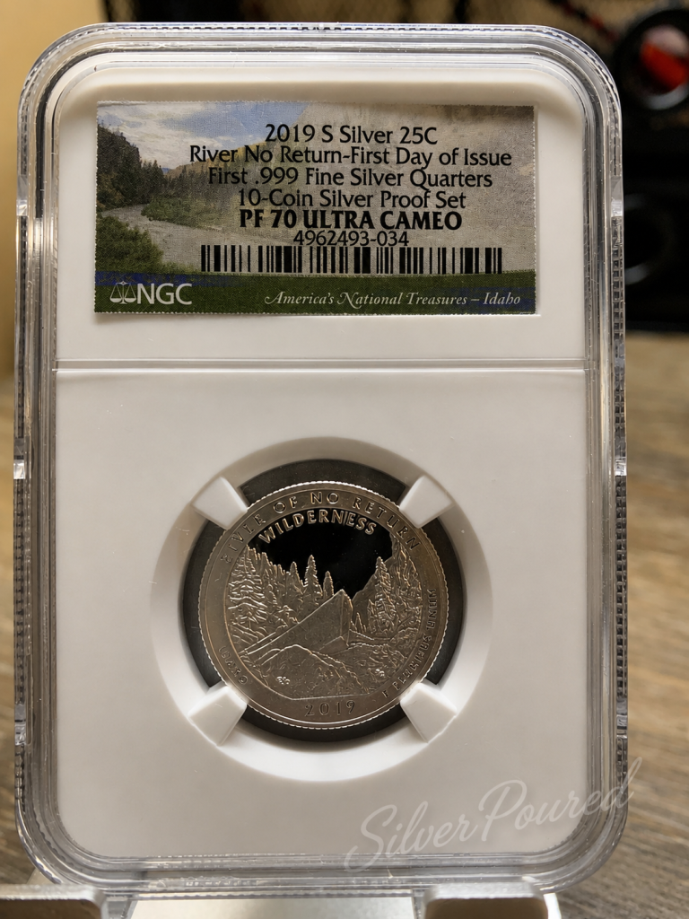 2019-S River of No Return Silver Quarter First Day of Issue PF70 Ultra Cameo NGC Idaho National Treasures coin