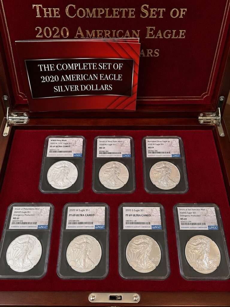2020 American Silver Eagle Complete Set in NGC display case featuring certified bullion, proof, burnished, and special issue Silver Eagles