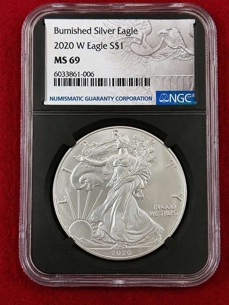 2020-W Burnished American Silver Eagle graded NGC MS69 with West Point mint mark and one ounce .999 fine silver