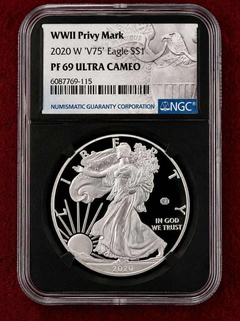 2020-W American Silver Eagle V75 Privy Mark NGC PF69 Ultra Cameo proof coin certified by NGC