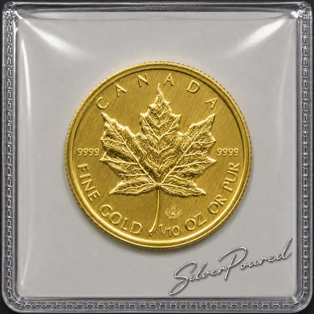 2023 Canadian Gold Maple Leaf fractional gold coin reverse in protective holder featuring the iconic maple leaf design.