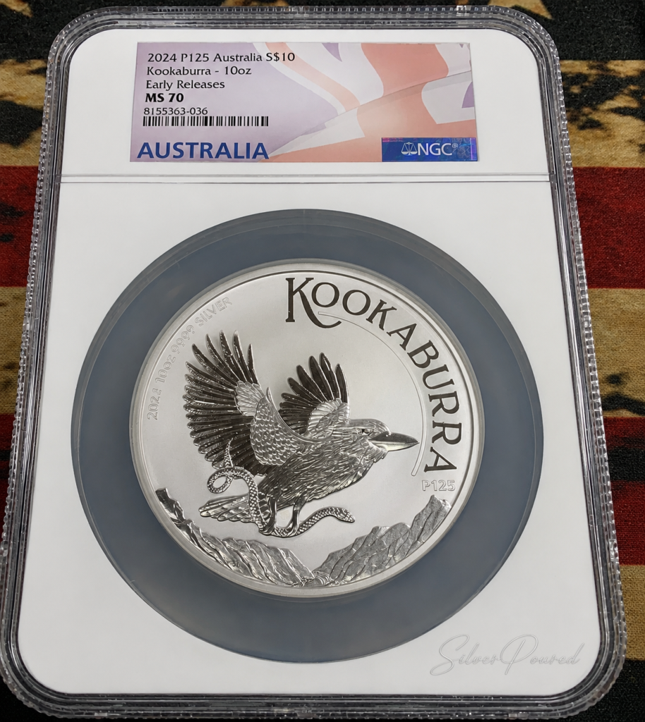 2024 Australian 10 oz Silver Kookaburra NGC MS70 Early Releases obverse with King Charles III