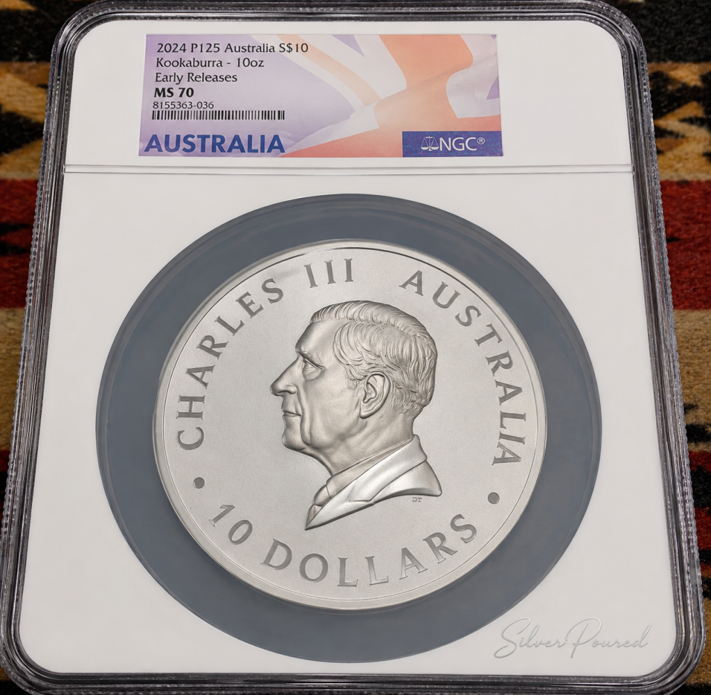 2024 Australian 10 oz .9999 Silver Kookaburra reverse with kookaburra carrying a snake and P125 privy mark
