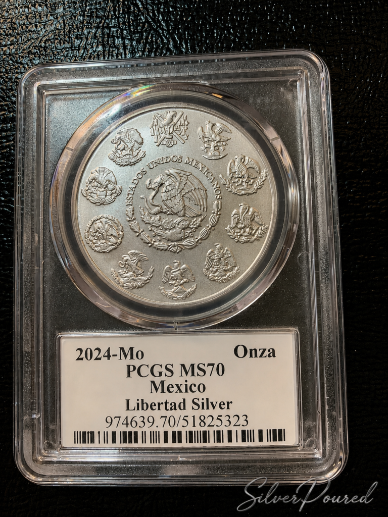 2024 Mexico Silver Libertad graded PCGS MS70 showing a perfect Mint State example