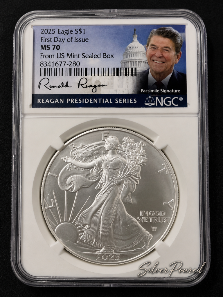 2025 American Silver Eagle NGC MS70 Ronald Reagan Presidential Series First Day of Issue silver coin