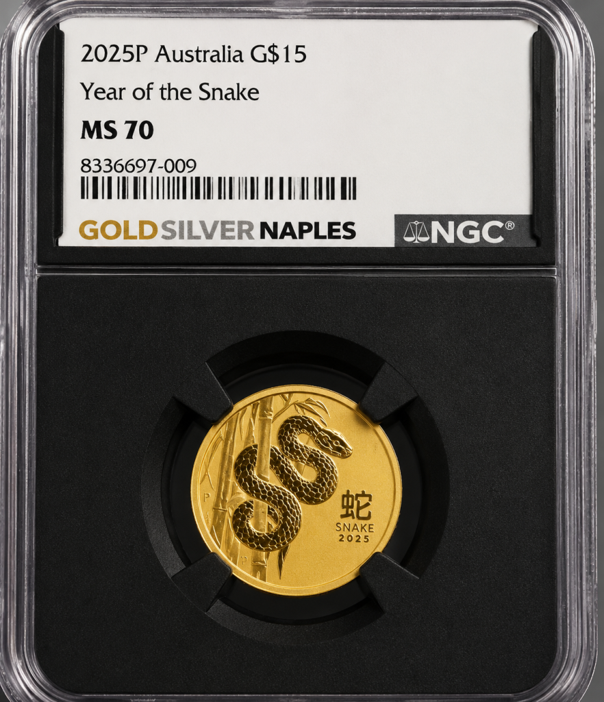 2025 P Australia Year of the Snake 1/5 oz gold coin obverse NGC MS70 certified fractional gold coin