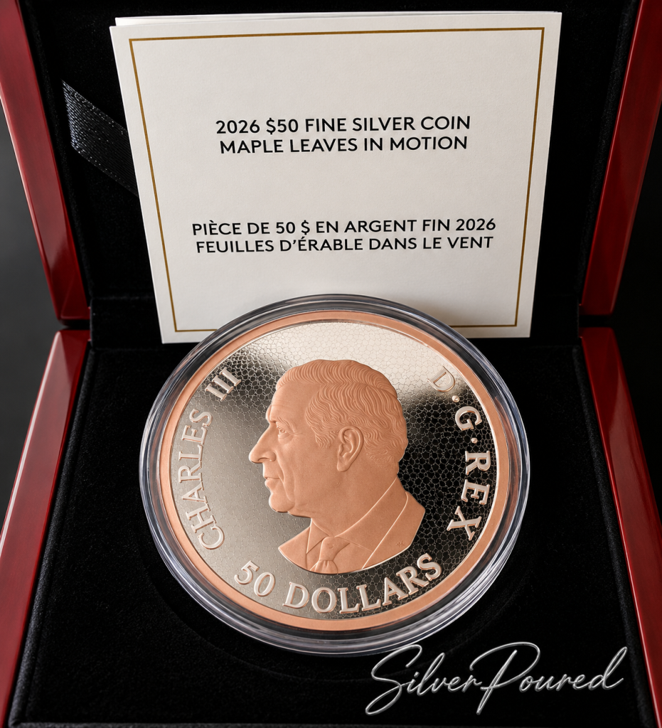 2026 Maple Leaves in Motion 5 oz .9999 fine silver coin obverse with rose and yellow gold gilding