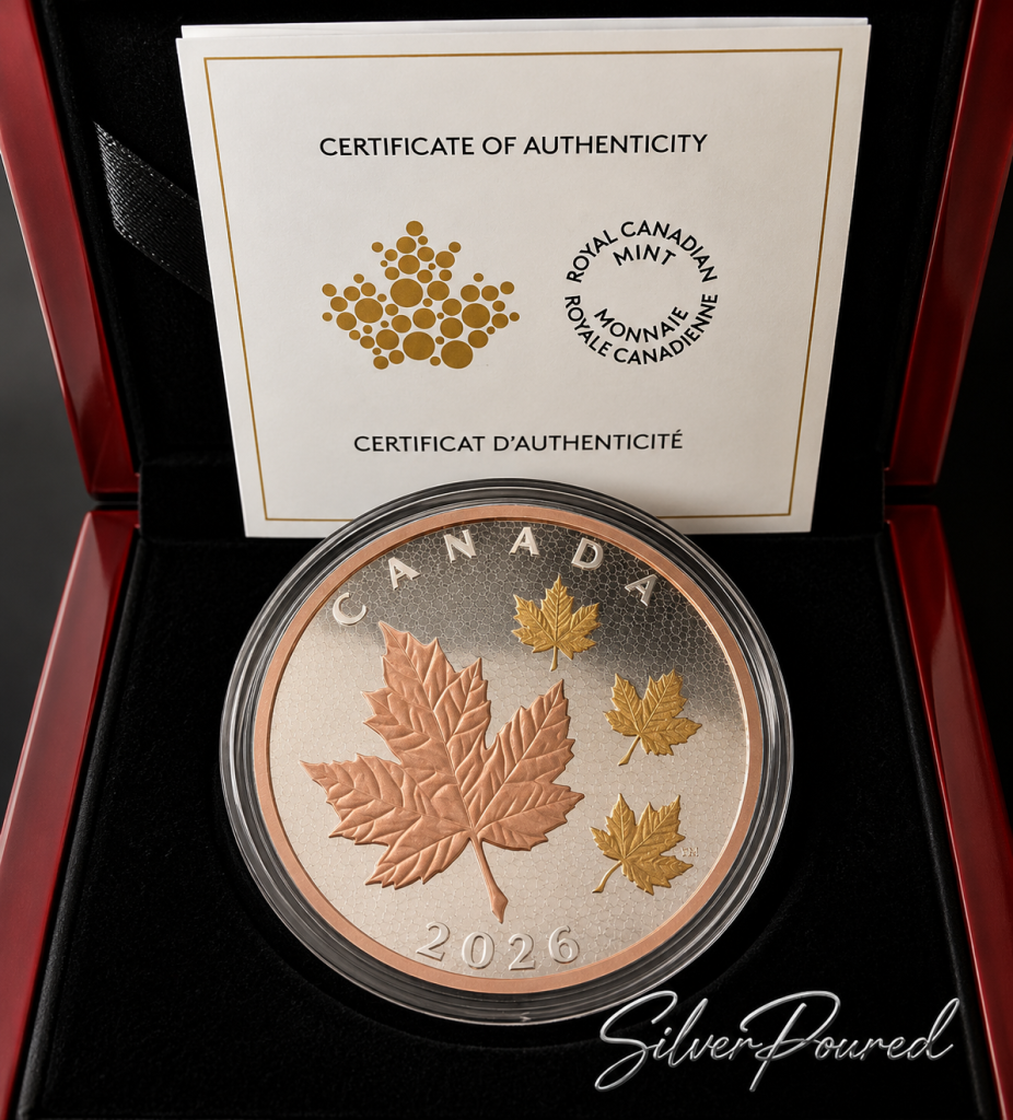 2026 Maple Leaves in Motion 5 oz .9999 fine silver coin reverse with gilded maple leaf design