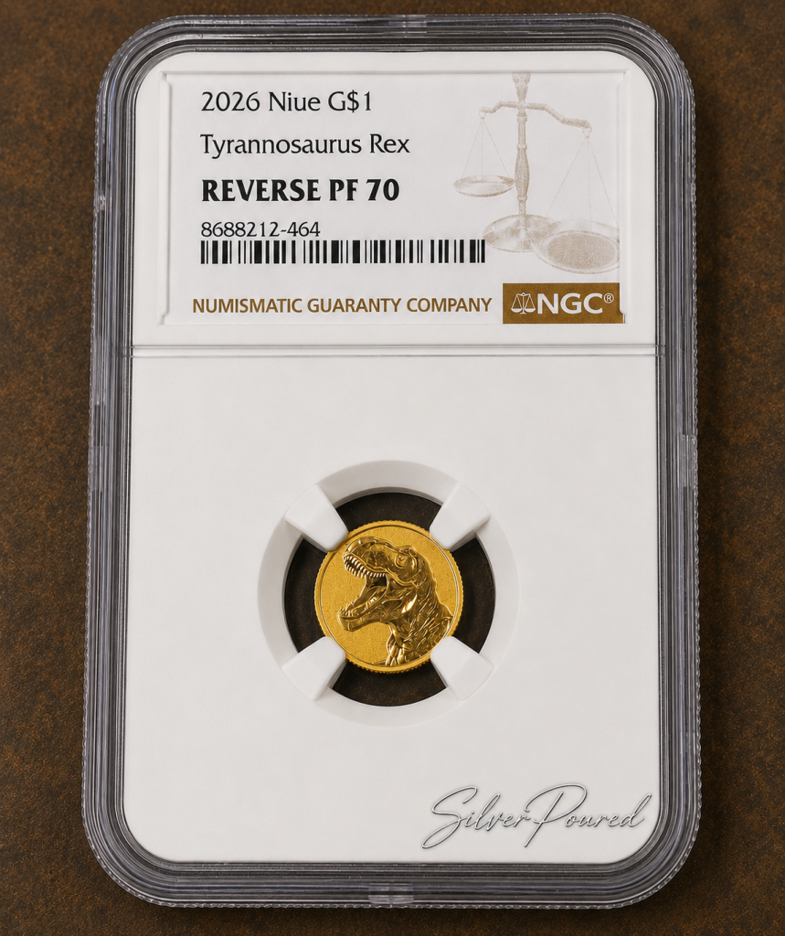 2026 Niue Tyrannosaurus Rex 1 gram gold coin reverse PF70 NGC certified fractional gold coin