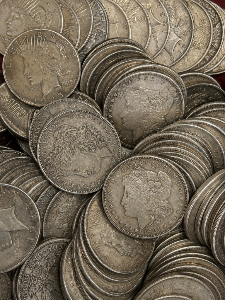 Silver coin values comparison featuring an assortment of Morgan and Peace Silver Dollars used for melt value and collector pricing.