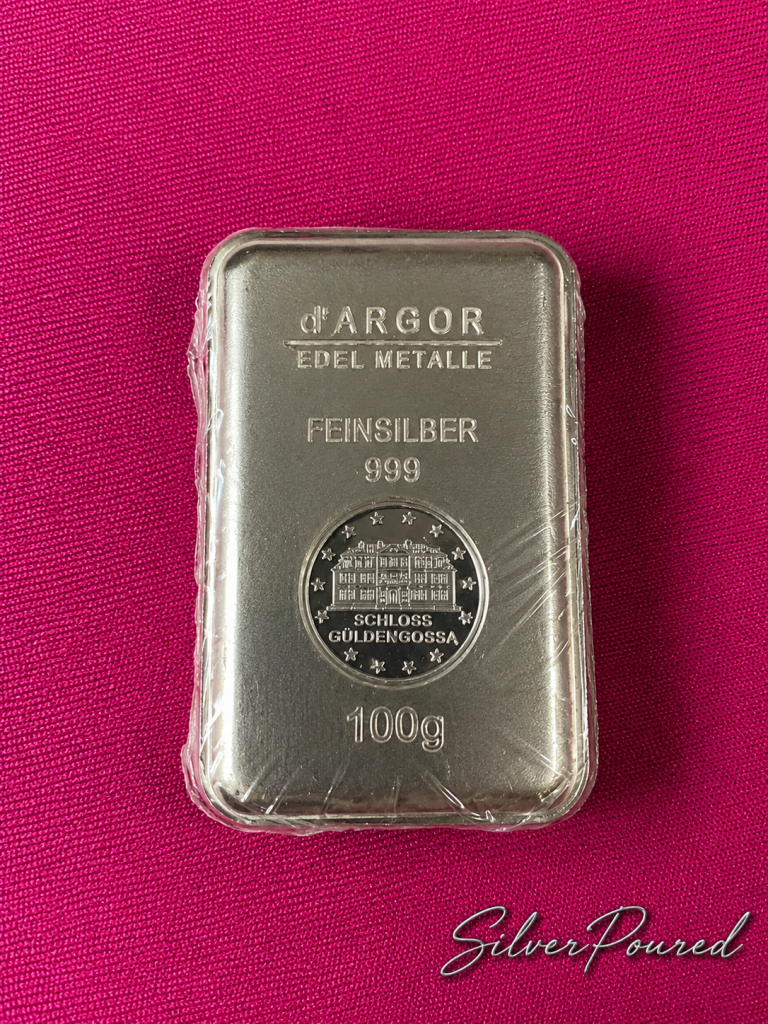 Serialized silver bars Geiger 100 gram silver bar sealed in original assay packaging with unique refinery serial number.