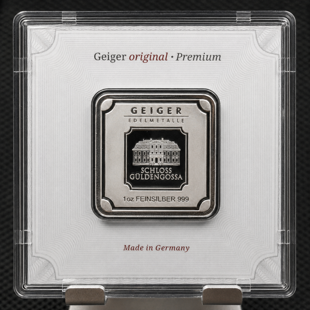Serialized silver bars Geiger 1 ounce square silver bar obverse sealed in original certificate packaging with unique serial number and assay card
